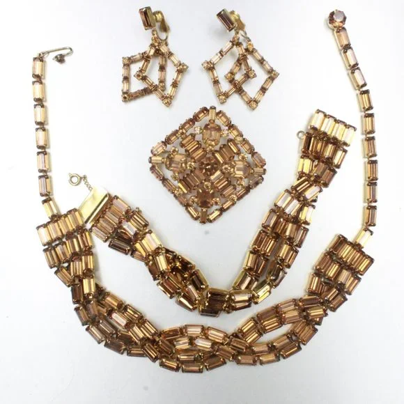 WEISS HIGH END DESIGNER BROWN TOPAZ RHINESTONES EMERALD CUT PARURE SET - Picture 3 of 7